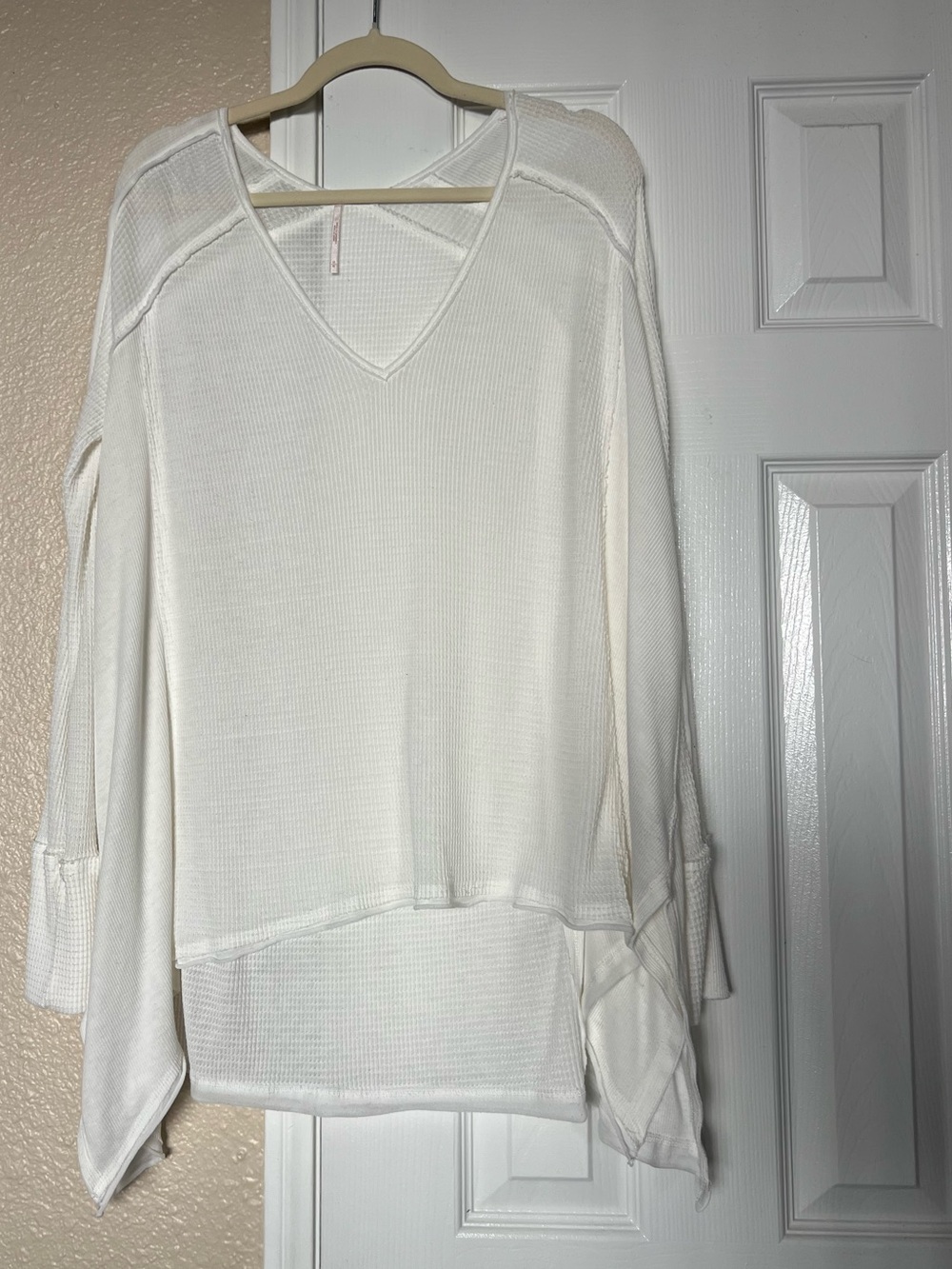 Free People Cream V-Neck Waffle Knit Long Sleeve Top